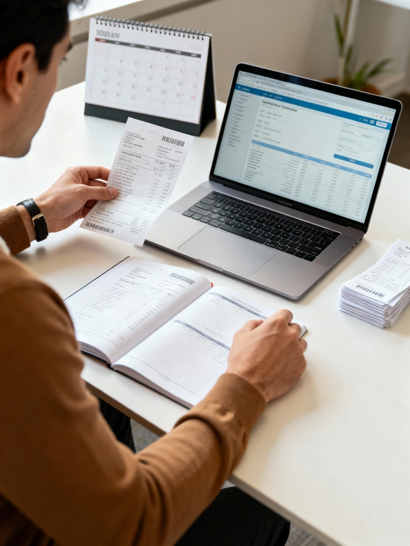 Business owner managing bills and payments to maintain a strong credit score.